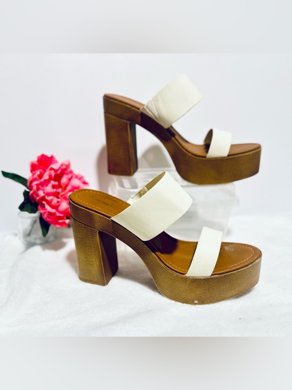 Forever 21 White and Brown Platform Block Heel Sandals
